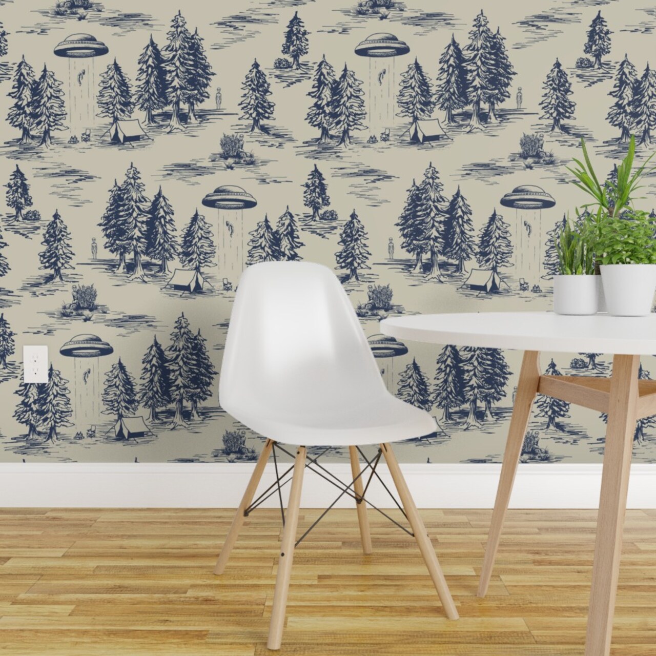 Pre-Pasted Wallpaper 2FT Wide Alien Novelty Toile Blue Funny Space Woods Outdoors Custom Pre-pasted Wallpaper by Spoonflower